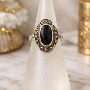 🍃Vintage Sterling Silver Black Onyx Marcasite Art Deco Style Ring Size 7